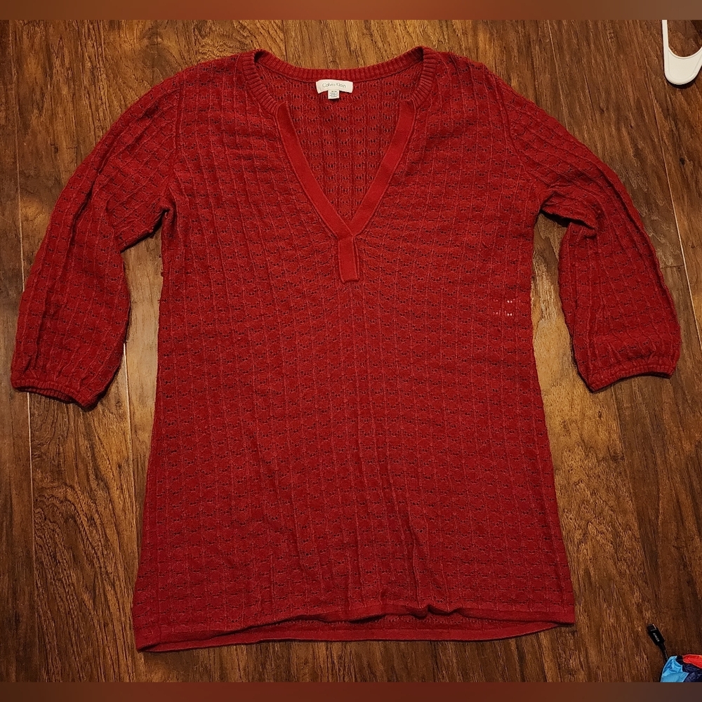Calvin Klein Red Knit V-neck Sweater Dress